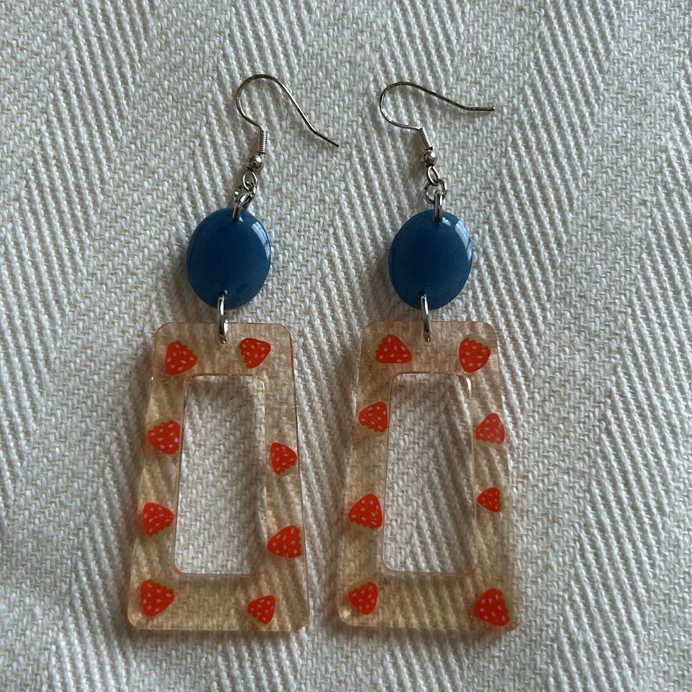 Resin Earrings Handmade Pink & Blue Resin with Imbedded Red Strawberries